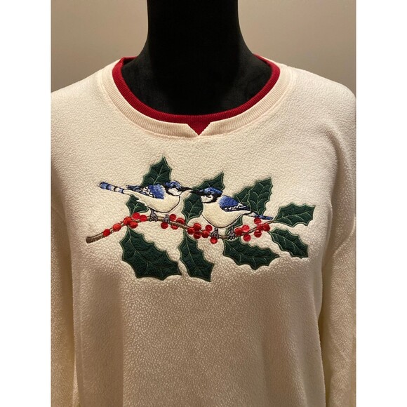 Vintage Christmas Sweatshirt Cream Color Size 1X w/ Unique Embroidery Blue Jays - Picture 2 of 7